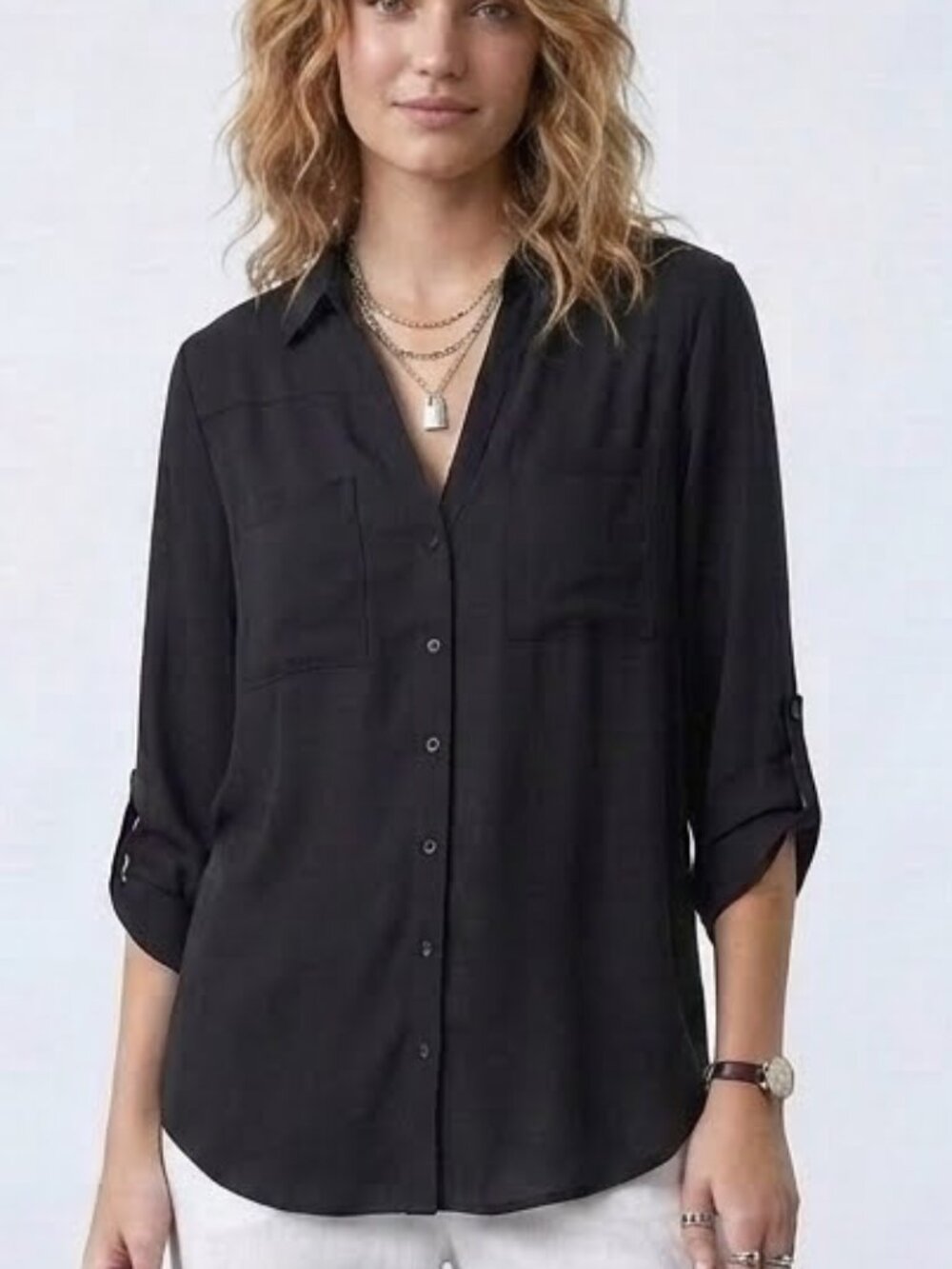 BCX Roll Tab Sleeve Button Down Collared Chiffon Blouse Size XL NWOT